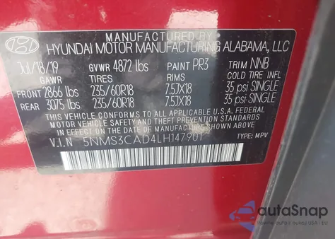 2020 Hyundai Santa Fe Sel z USA, uszkodzony, nr VIN 5NMS3CAD4LH147901